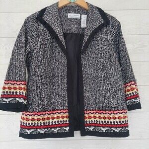 Alfred Dunner Jacket Open Front Black White 10P  3/4 Sleeve Lined